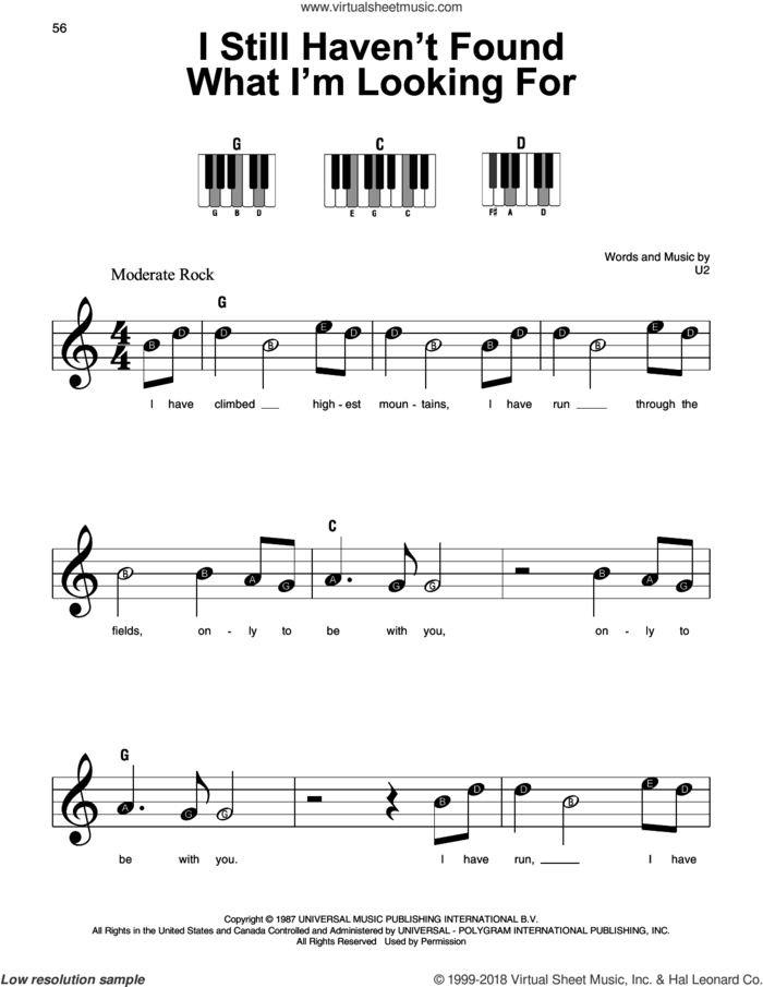 I Still Haven't Found What I'm Looking For sheet music for piano solo by U2, beginner skill level