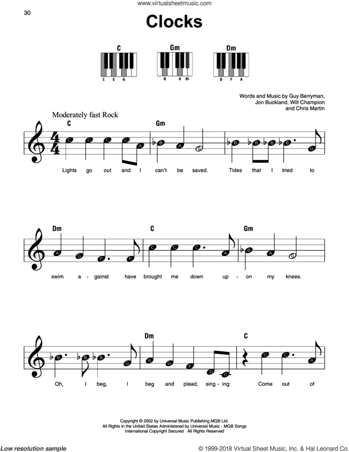 Clocks sheet music for piano solo by Coldplay, Chris Martin, Guy Berryman, Jon Buckland and Will Champion, beginner skill level