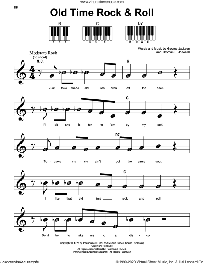 Old Time Rock and Roll sheet music for piano solo by Bob Seger, George Jackson and Tom Jones, beginner skill level