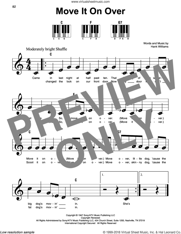 Move It On Over sheet music for piano solo by Hank Williams, beginner skill level