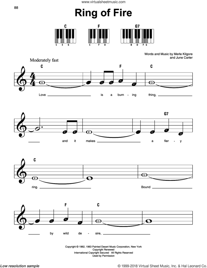Ring Of Fire sheet music for piano solo by Johnny Cash, June Carter and Merle Kilgore, beginner skill level