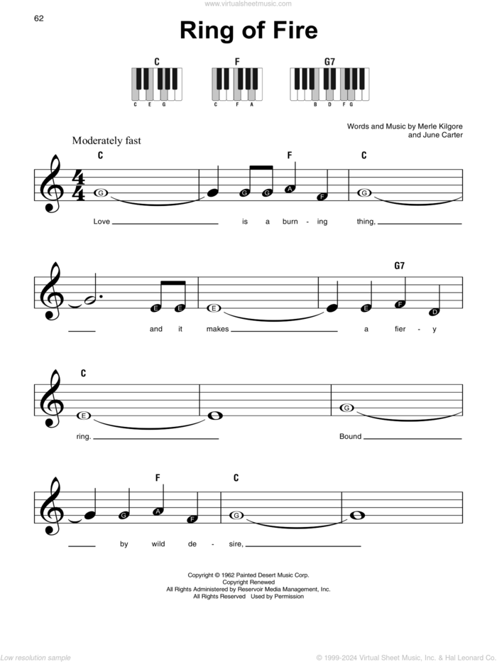 Ring Of Fire sheet music for piano solo by Johnny Cash, June Carter and Merle Kilgore, beginner skill level