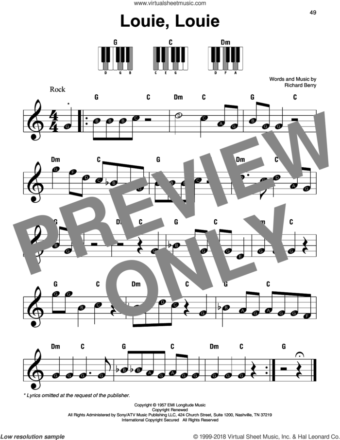 Louie, Louie sheet music for piano solo by The Kingsmen and Richard Berry, beginner skill level