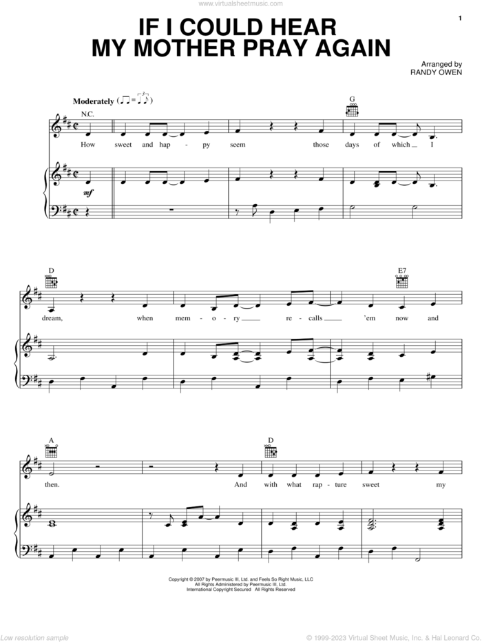 If I Could Hear My Mother Pray Again sheet music for voice, piano or guitar by Alabama and Randy Owen, intermediate skill level