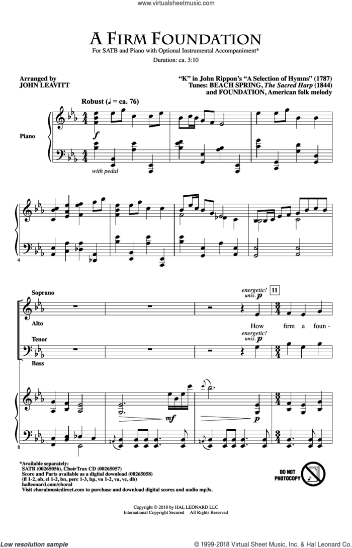 A Firm Foundation sheet music for choir (SATB: soprano, alto, tenor, bass) by John Rippon and John Leavitt, intermediate skill level