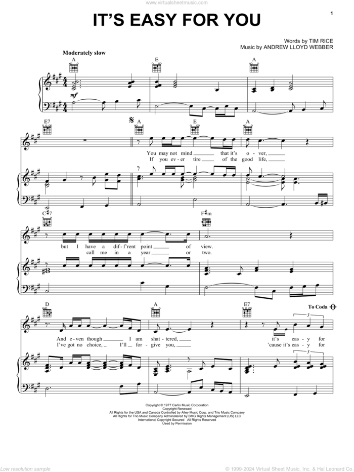 It's Easy For You sheet music for voice, piano or guitar by Andrew Lloyd Webber, Elvis Presley and Tim Rice, intermediate skill level