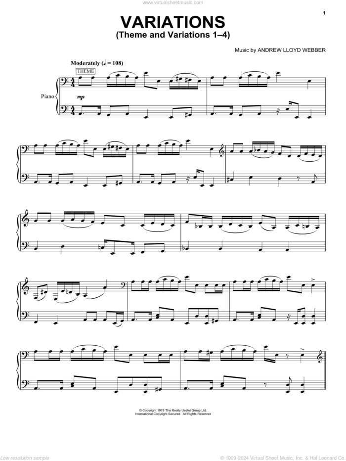 Theme And Variations 1-4 sheet music for voice, piano or guitar by Andrew Lloyd Webber, intermediate skill level