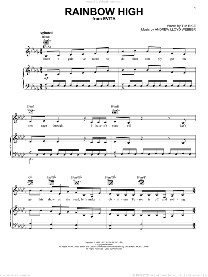 Rainbow High (from Evita) sheet music for voice, piano or guitar by Andrew Lloyd Webber and Tim Rice, intermediate skill level