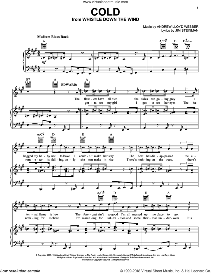 Cold sheet music for voice, piano or guitar by Andrew Lloyd Webber and Jim Steinman, intermediate skill level