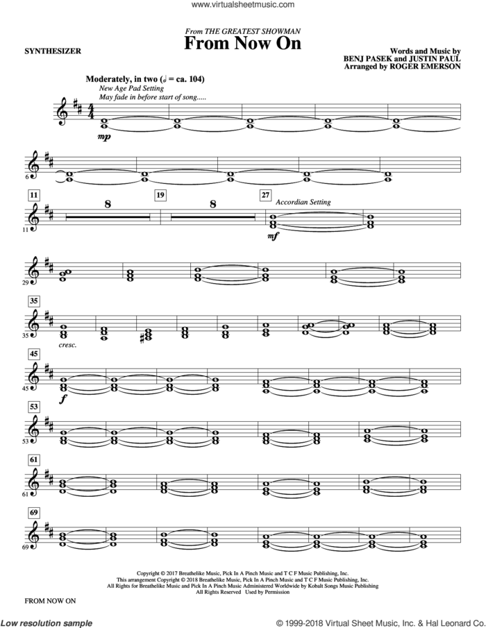 From Now On (from The Greatest Showman) (arr. Roger Emerson) sheet music for orchestra/band (synthesizer) by Pasek & Paul, Roger Emerson, Benj Pasek and Justin Paul, intermediate skill level