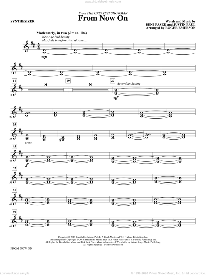 From Now On (from The Greatest Showman) (arr. Roger Emerson) sheet music for orchestra/band (synthesizer) by Pasek & Paul, Roger Emerson, Benj Pasek and Justin Paul, intermediate skill level