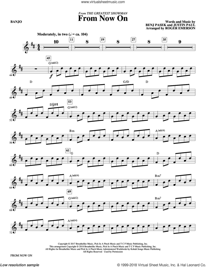 From Now On (from The Greatest Showman) (arr. Roger Emerson) sheet music for orchestra/band (banjo) by Pasek & Paul, Roger Emerson, Benj Pasek and Justin Paul, intermediate skill level