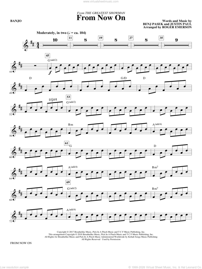 From Now On (from The Greatest Showman) (arr. Roger Emerson) sheet music for orchestra/band (banjo) by Pasek & Paul, Roger Emerson, Benj Pasek and Justin Paul, intermediate skill level