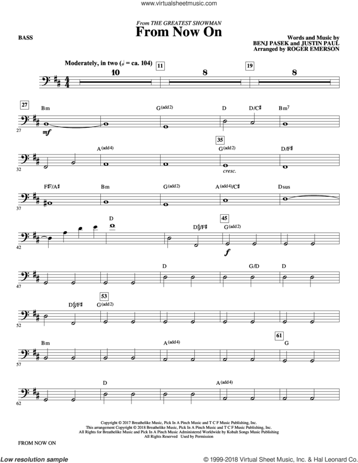 From Now On (from The Greatest Showman) (arr. Roger Emerson) sheet music for orchestra/band (bass) by Pasek & Paul, Roger Emerson, Benj Pasek and Justin Paul, intermediate skill level