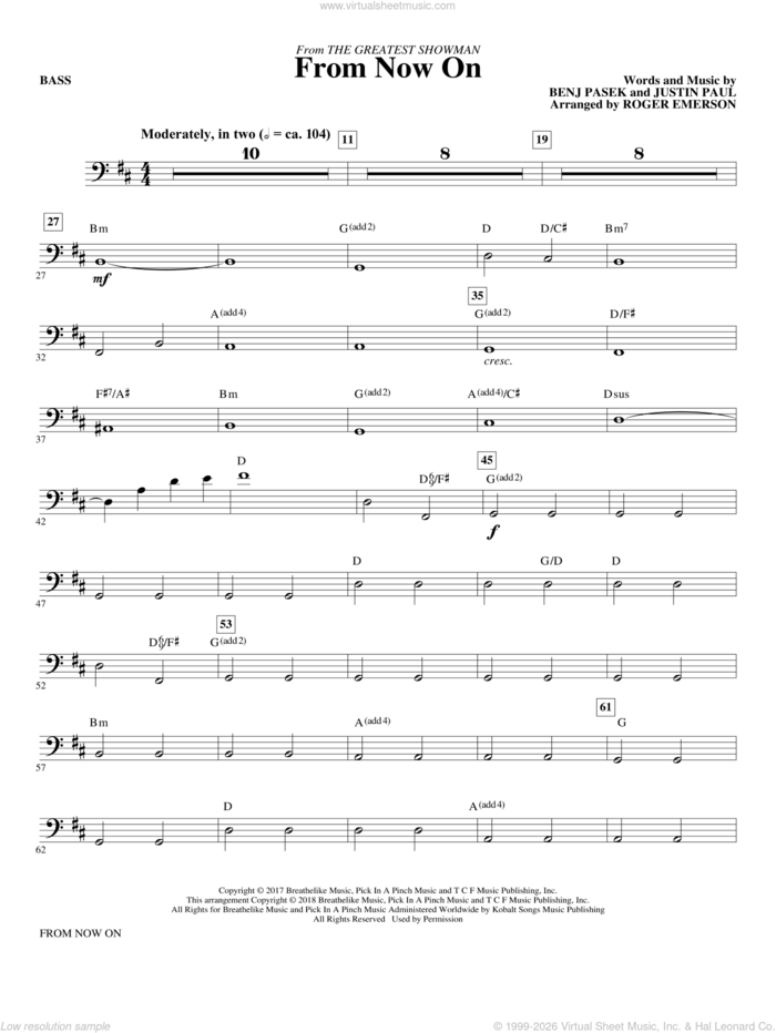 From Now On (from The Greatest Showman) (arr. Roger Emerson) sheet music for orchestra/band (bass) by Pasek & Paul, Roger Emerson, Benj Pasek and Justin Paul, intermediate skill level