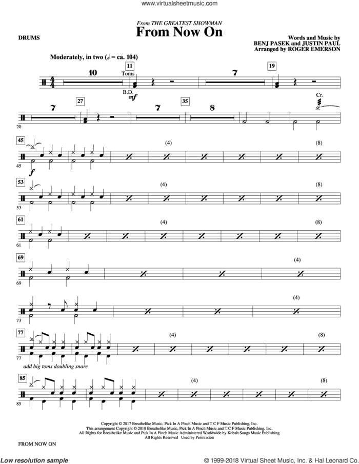 From Now On (from The Greatest Showman) (arr. Roger Emerson) sheet music for orchestra/band (drums) by Pasek & Paul, Roger Emerson, Benj Pasek and Justin Paul, intermediate skill level