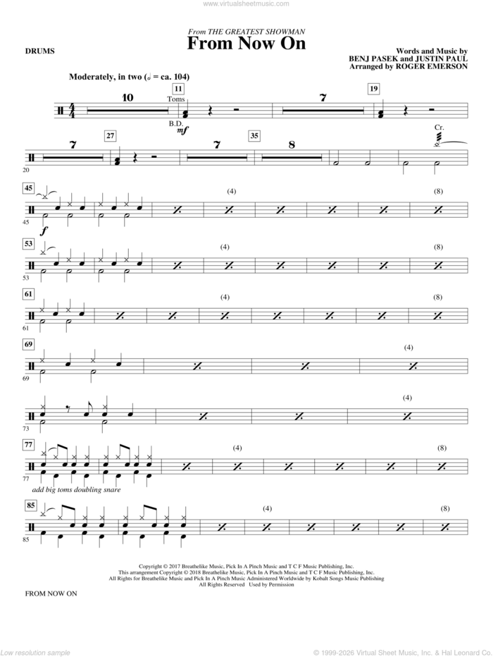 From Now On (from The Greatest Showman) (arr. Roger Emerson) sheet music for orchestra/band (drums) by Pasek & Paul, Roger Emerson, Benj Pasek and Justin Paul, intermediate skill level