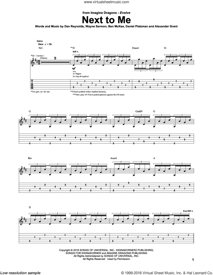 Next To Me sheet music for guitar (tablature) by Imagine Dragons, Alexander Grant, Ben McKee, Dan Reynolds, Daniel Platzman and Wayne Sermon, intermediate skill level
