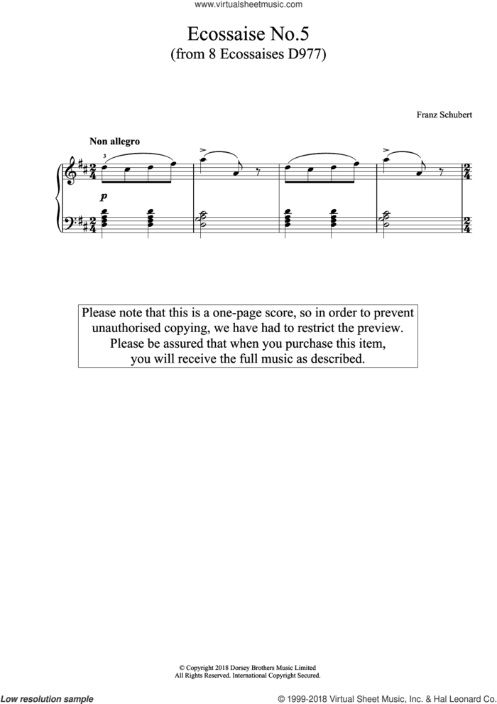 Ecossaise No. 5 (from 8 Ecossaises D977) sheet music for piano solo by Franz Schubert, classical score, intermediate skill level