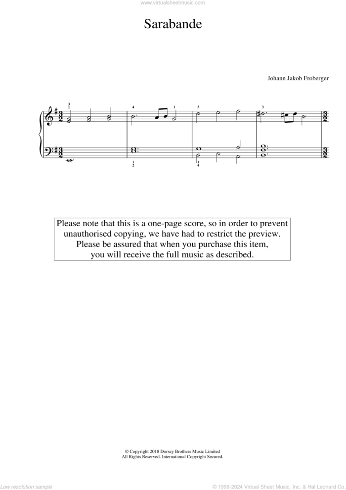 Sarabande sheet music for piano solo by Johann Jakob Froberger, classical score, intermediate skill level