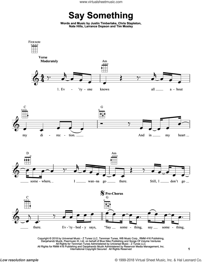 Say Something (feat. Chris Stapleton) sheet music for ukulele by Justin Timberlake, Justin Timberlake feat. Chris Stapleton, Chris Stapleton, Larrance Dopson, Nate Hills and Tim Mosley, intermediate skill level