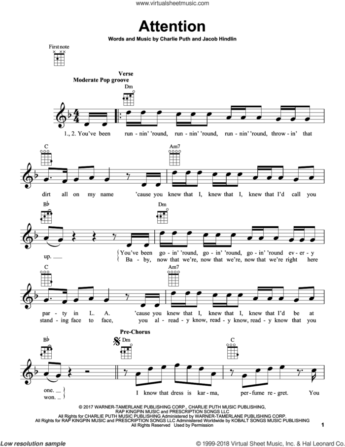 Attention sheet music for ukulele by Charlie Puth and Jacob Hindlin, intermediate skill level