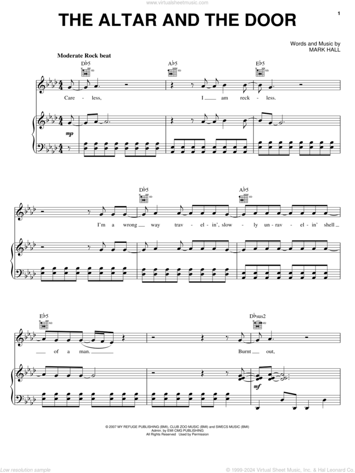 The Altar And The Door sheet music for voice, piano or guitar by Casting Crowns and Mark Hall, intermediate skill level