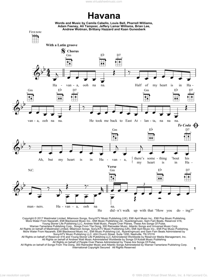 Havana sheet music for ukulele by Camila Cabello, Adam Feeney, Ali Tamposi, Andrew Wotman, Brandon Perry, Brian Lee, Brittany Hazzard, Jeffery Lamar Williams, Louis Bell and Pharrell Williams, intermediate skill level