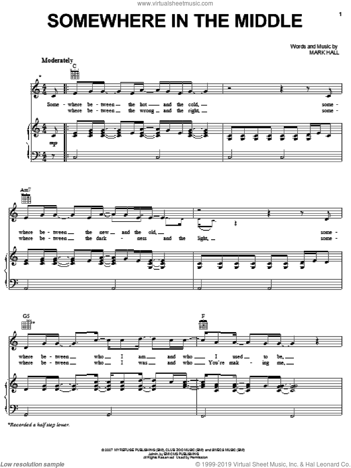 Somewhere In The Middle sheet music for voice, piano or guitar by Casting Crowns and Mark Hall, intermediate skill level