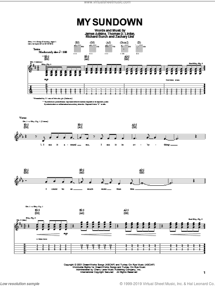 My Sundown sheet music for guitar (tablature) by Jimmy Eat World, James Adkins, Richard Burch and Thomas D. Linton, intermediate skill level