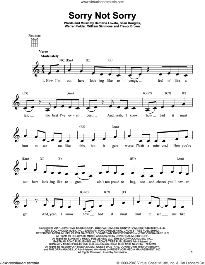 Sorry Not Sorry sheet music for ukulele by Demi Lovato, Sean Douglas, Trevor Brown, Warren Felder and William Simmons, intermediate skill level