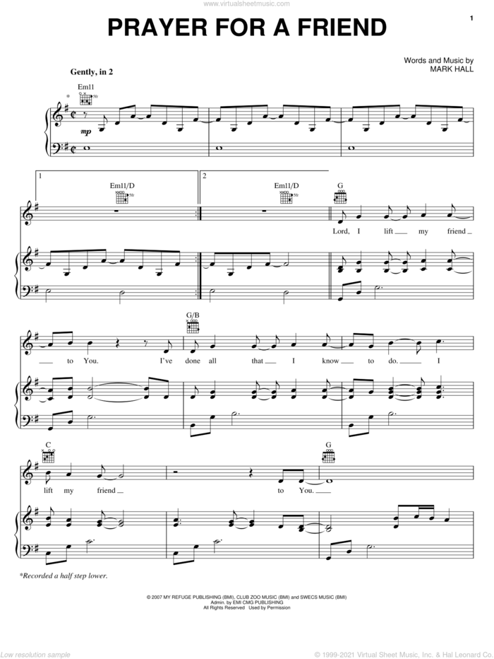 Prayer For A Friend sheet music for voice, piano or guitar by Casting Crowns and Mark Hall, intermediate skill level