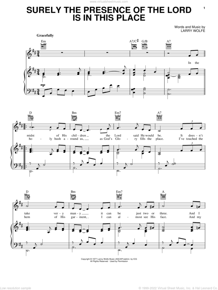 Surely The Presence Of The Lord Is In This Place sheet music for voice, piano or guitar by Lanny Wolfe, intermediate skill level