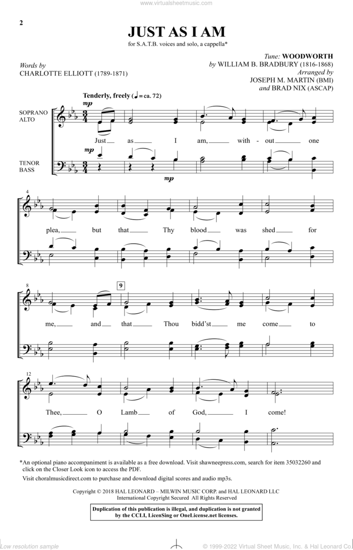 Just As I Am sheet music for choir (SATB: soprano, alto, tenor, bass) by Joseph M. Martin, Brad Nix, Charlotte Elliott and William Bradbury, intermediate skill level