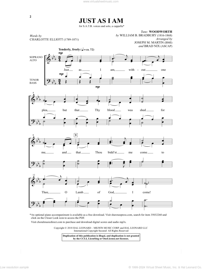 Just As I Am sheet music for choir (SATB: soprano, alto, tenor, bass) by Joseph M. Martin, Brad Nix, Charlotte Elliott and William Bradbury, intermediate skill level