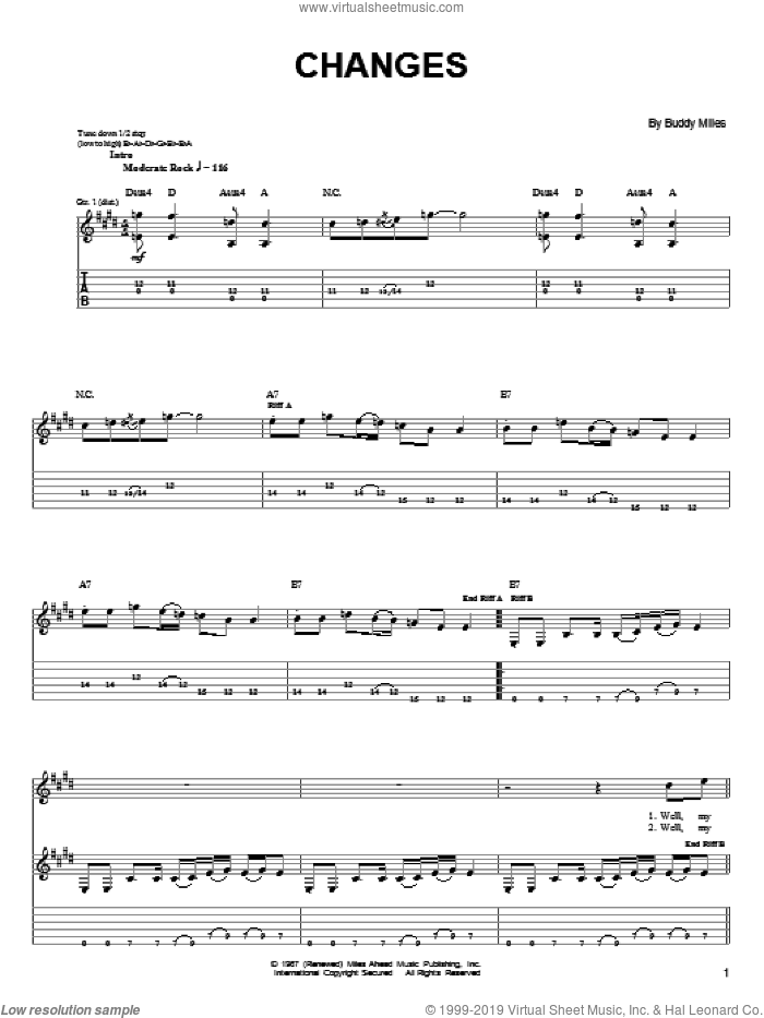 Changes sheet music for guitar solo (chords) by Jimi Hendrix and Buddy Miles, easy guitar (chords)
