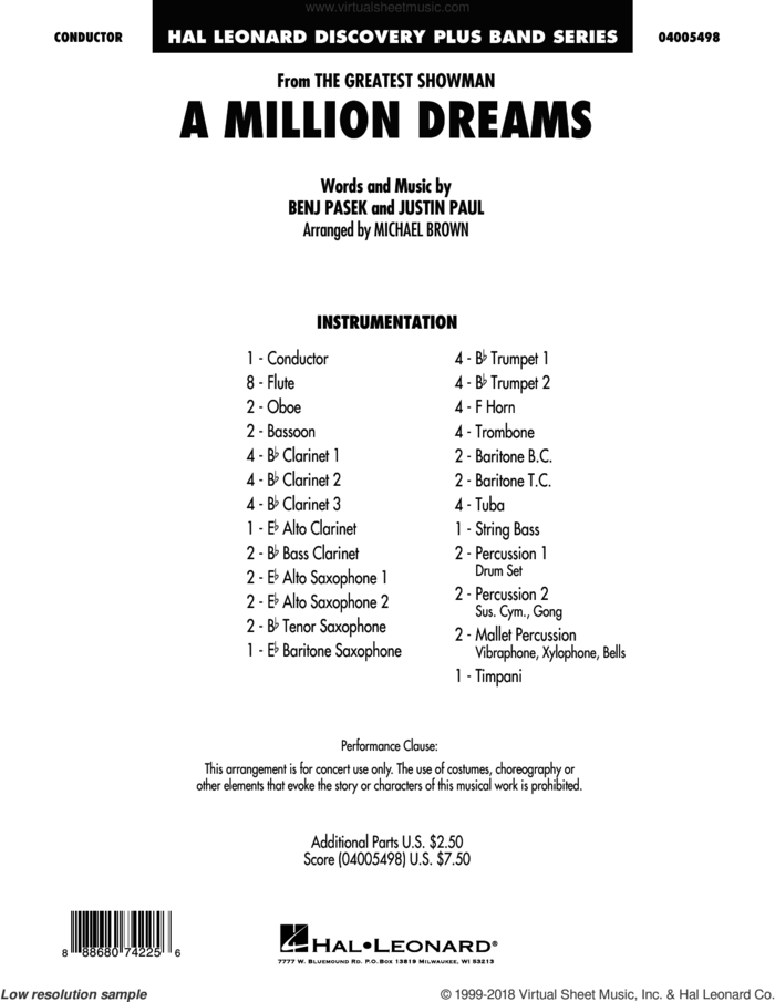 A Million Dreams (from The Greatest Showman) (arr. Michael Brown) (COMPLETE) sheet music for concert band by Michael Brown, Benj Pasek, Justin Paul and Pasek & Paul, intermediate skill level