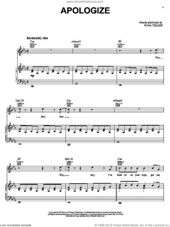 Apologize sheet music for voice, piano or guitar by Timbaland featuring OneRepublic, OneRepublic, Timbaland and Ryan Tedder, intermediate skill level