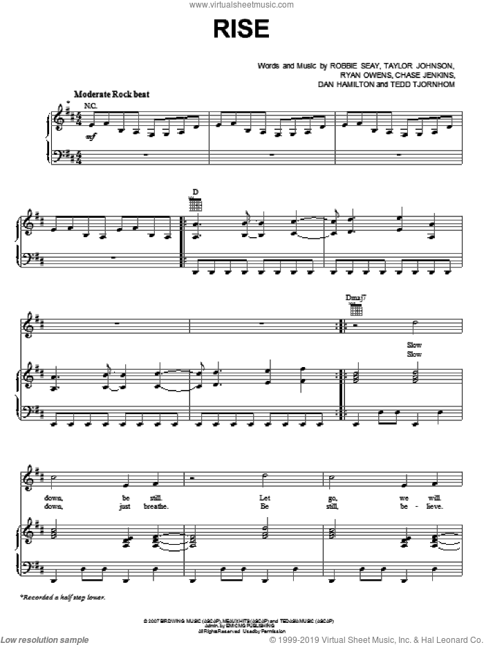 Rise sheet music for voice, piano or guitar by Robbie Seay Band, Chase Jenkins, Dan Hamilton, Robbie Seay, Ryan Owens, Taylor Johnson and Tedd Tjornhom, intermediate skill level