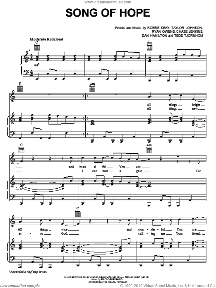 Song Of Hope sheet music for voice, piano or guitar by Robbie Seay Band, Chase Jenkins, Dan Hamilton, Robbie Seay, Ryan Owens, Taylor Johnson and Tedd Tjornhom, intermediate skill level