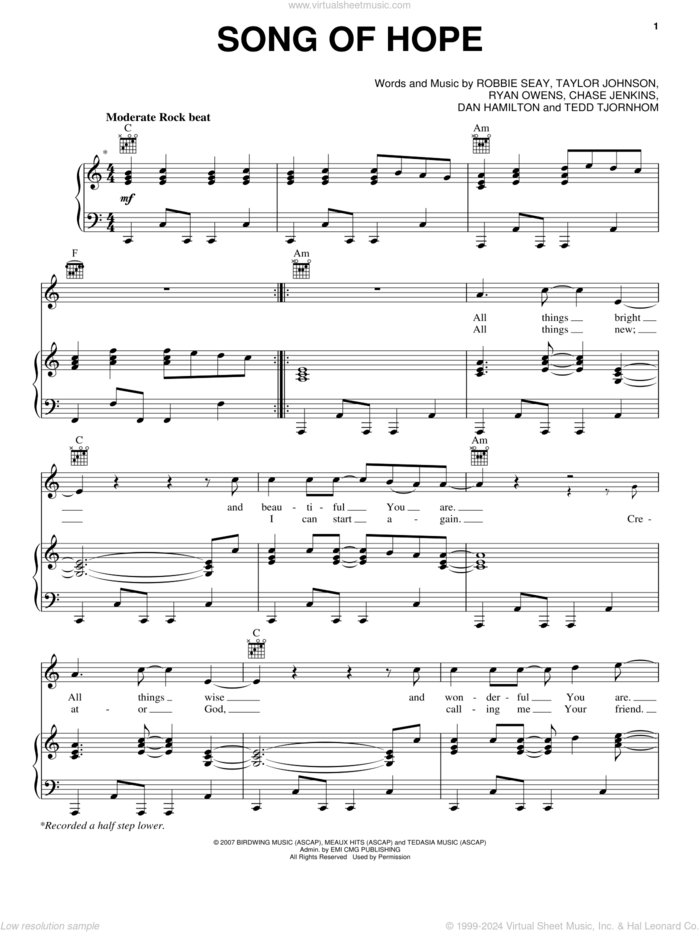 Song Of Hope sheet music for voice, piano or guitar by Robbie Seay Band, Chase Jenkins, Dan Hamilton, Robbie Seay, Ryan Owens, Taylor Johnson and Tedd Tjornhom, intermediate skill level