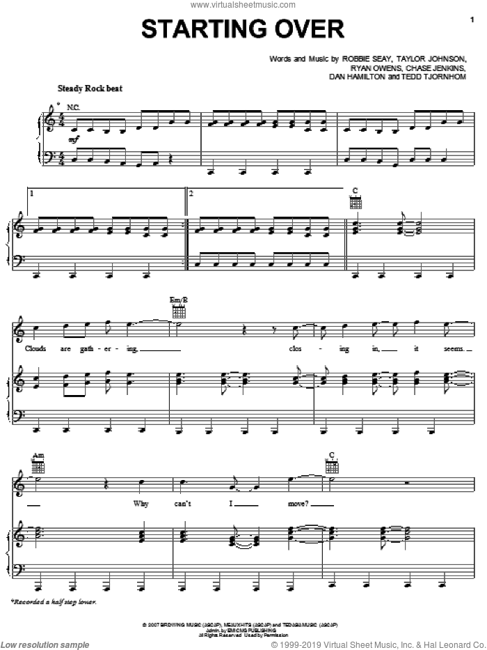 Starting Over sheet music for voice, piano or guitar by Robbie Seay Band, Chase Jenkins, Dan Hamilton, Robbie Seay, Ryan Owens, Taylor Johnson and Tedd Tjornhom, intermediate skill level