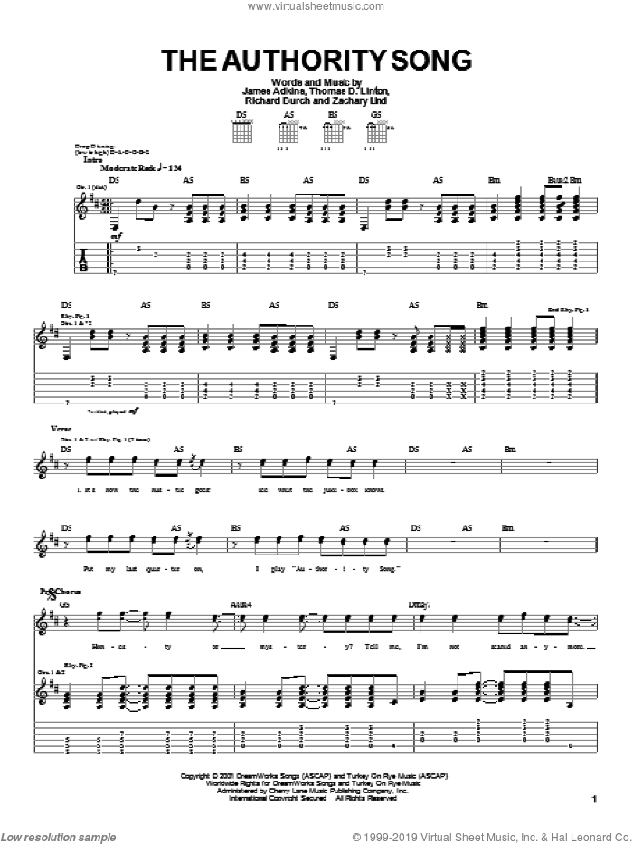 The Authority Song sheet music for guitar (tablature) by Jimmy Eat World, James Adkins, Richard Burch and Thomas D. Linton, intermediate skill level