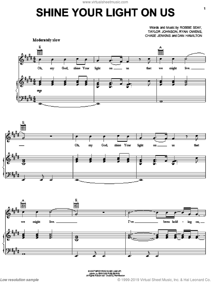 Shine Your Light On Us sheet music for voice, piano or guitar by Robbie Seay Band, Chase Jenkins, Dan Hamilton, Robbie Seay, Ryan Owens and Taylor Johnson, intermediate skill level