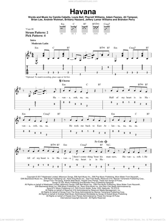 Havana sheet music for guitar solo (easy tablature) by Camila Cabello, Adam Feeney, Ali Tamposi, Andrew Wotman, Brandon Perry, Brian Lee, Brittany Hazzard, Jeffery Lamar Williams, Louis Bell and Pharrell Williams, easy guitar (easy tablature)