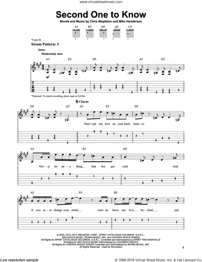 Second One To Know sheet music for guitar solo (easy tablature) by Chris Stapleton and Mike Henderson, easy guitar (easy tablature)