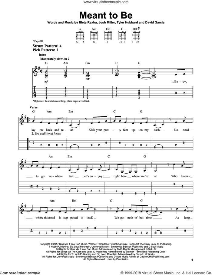 Meant To Be (feat. Florida Georgia Line) sheet music for guitar solo (easy tablature) by Bleta Rexha, Bebe Rexha, Bebe Rexha feat. Florida Georgia Line, Florida Georgia Line, David Garcia, Josh Miller and Tyler Hubbard, easy guitar (easy tablature)