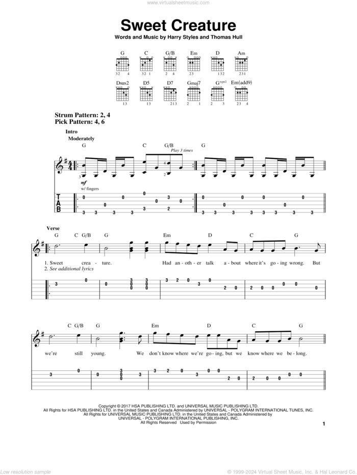 Sweet Creature sheet music for guitar solo (easy tablature) by Harry Styles and Tom Hull, easy guitar (easy tablature)