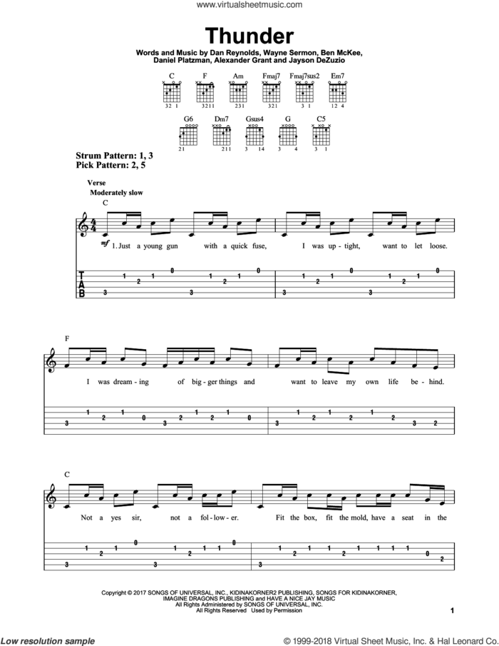 Thunder sheet music for guitar solo (easy tablature) by Imagine Dragons, Alexander Grant, Ben McKee, Dan Reynolds, Daniel Platzman, Jayson Dezuzio and Wayne Sermon, easy guitar (easy tablature)