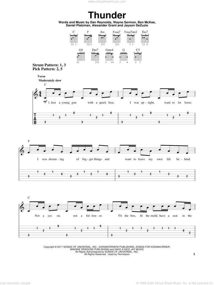 Thunder sheet music for guitar solo (easy tablature) by Imagine Dragons, Alexander Grant, Ben McKee, Dan Reynolds, Daniel Platzman, Jayson Dezuzio and Wayne Sermon, easy guitar (easy tablature)